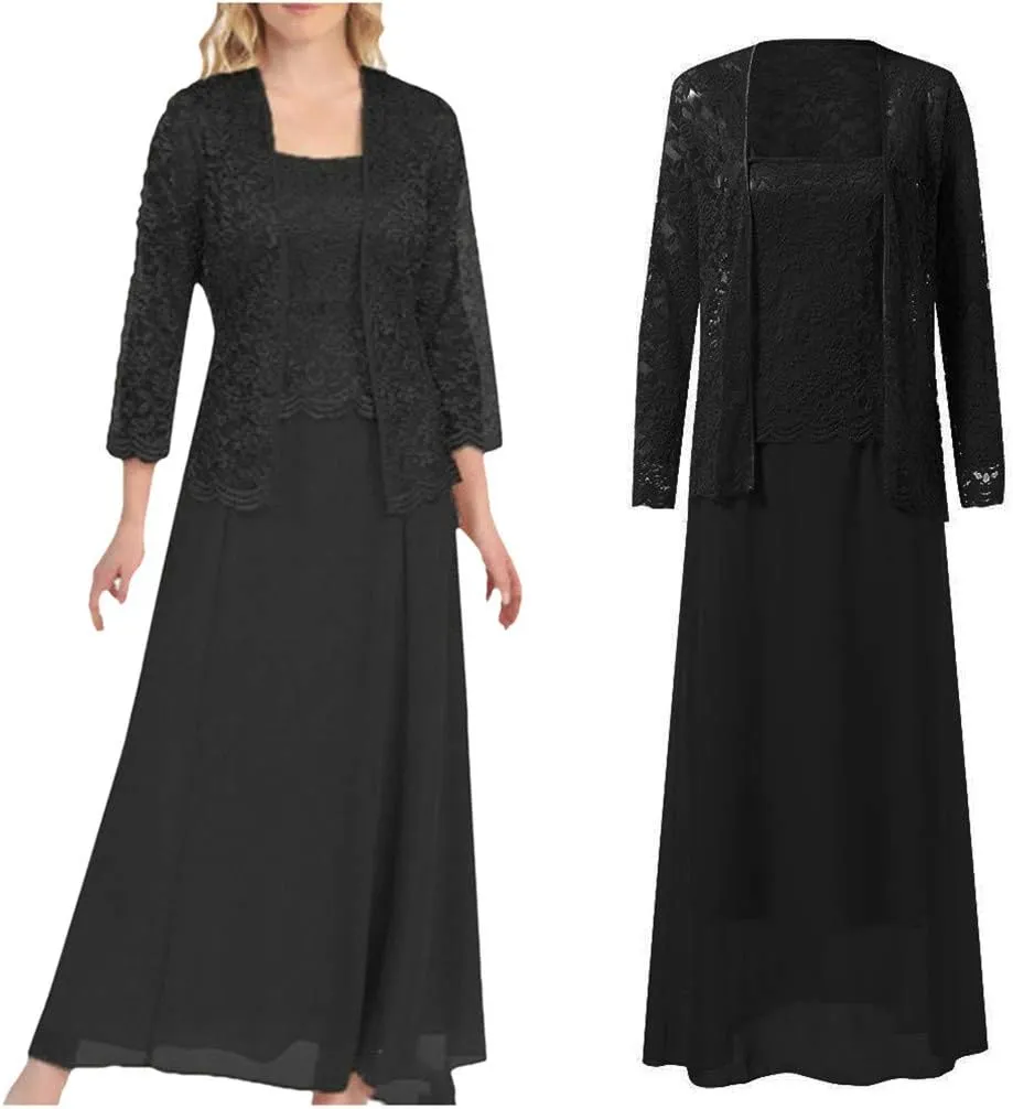 Aniywn Women Plus Size Two Piece Long Sleeve Party Dress Lace Solid Color Elegant Long Maxi Dress Mini Dress