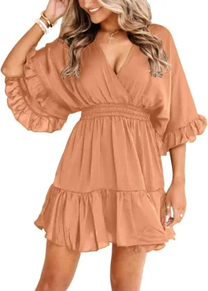 Aoysky Womens V Neck Casual Dresses Summer Loose High Waist Ruffle Pleated Cute Mini Short Dress