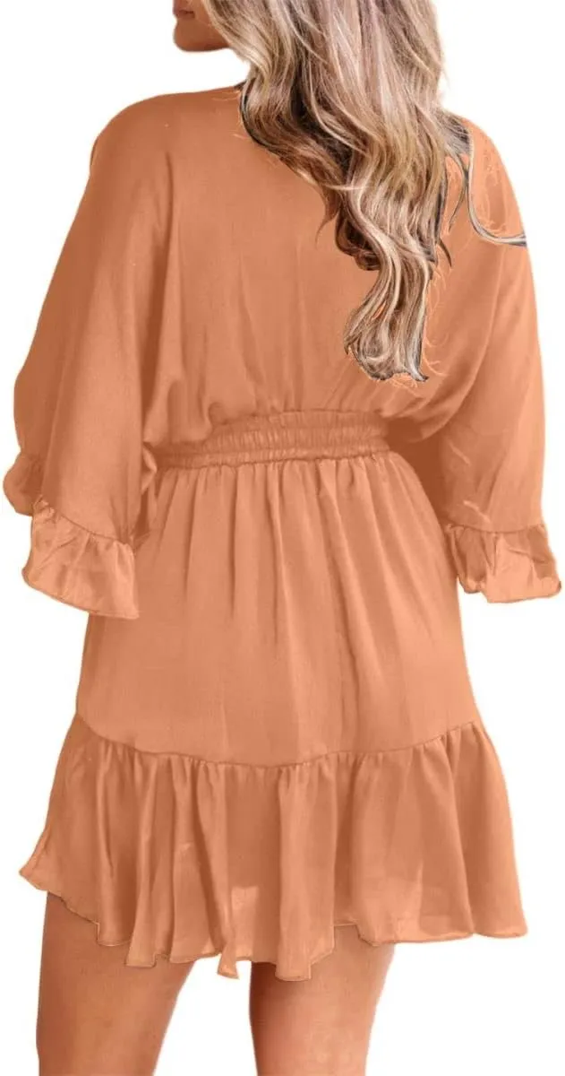 Aoysky Womens V Neck Casual Dresses Summer Loose High Waist Ruffle Pleated Cute Mini Short Dress