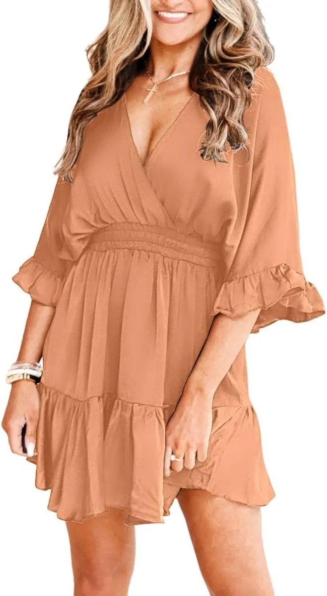 Aoysky Womens V Neck Casual Dresses Summer Loose High Waist Ruffle Pleated Cute Mini Short Dress