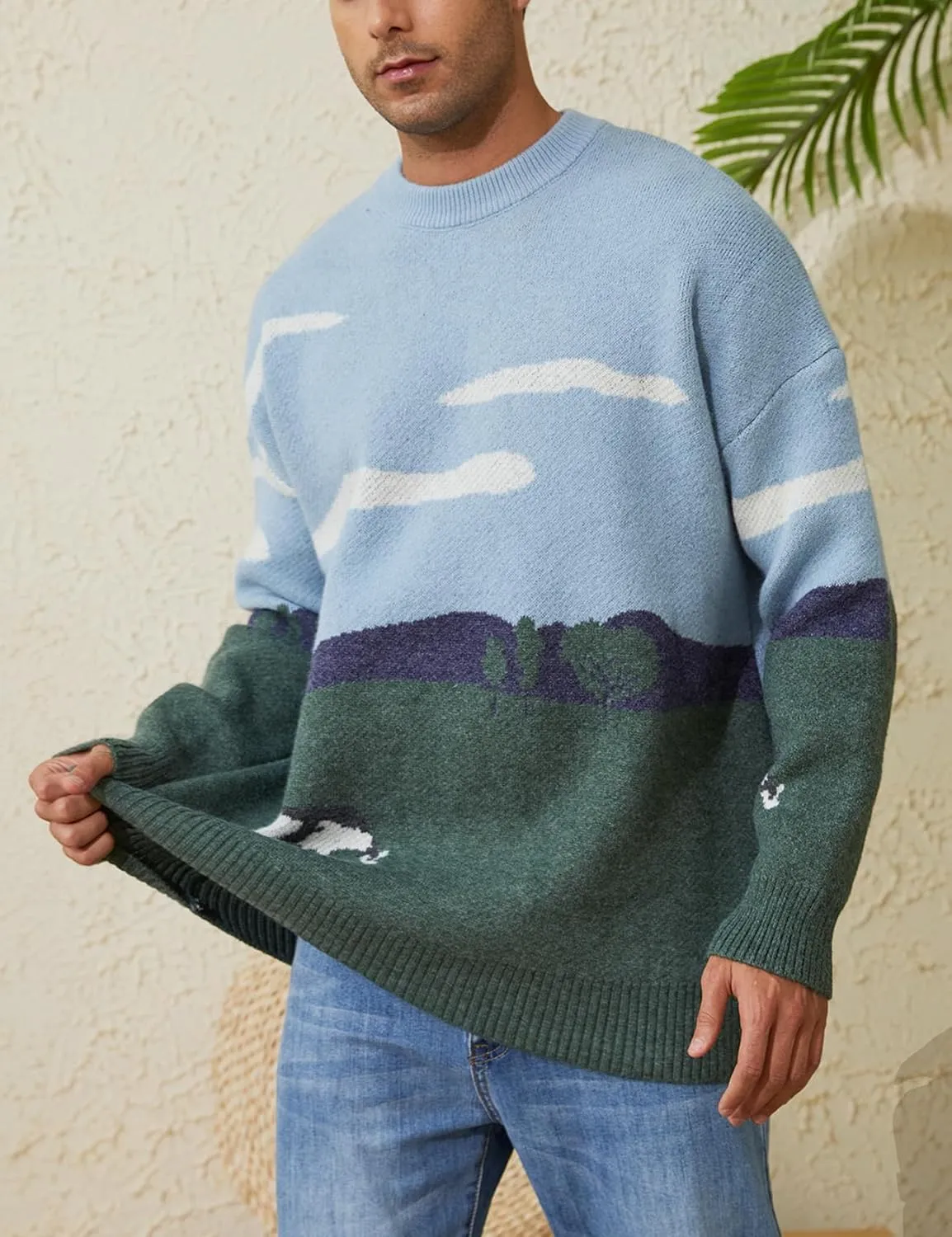 Arssm Mens Vintage Sweater Grandpa y2k Oversized Casual Cable Knit Sweater Pullover Graphic Crewneck Tops