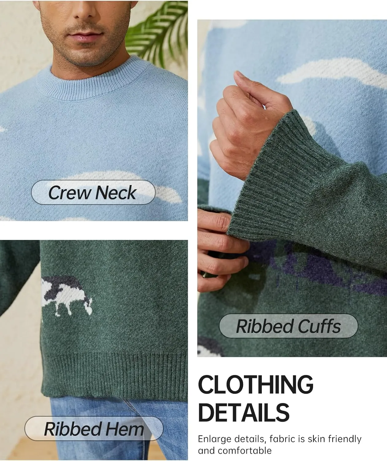 Arssm Mens Vintage Sweater Grandpa y2k Oversized Casual Cable Knit Sweater Pullover Graphic Crewneck Tops