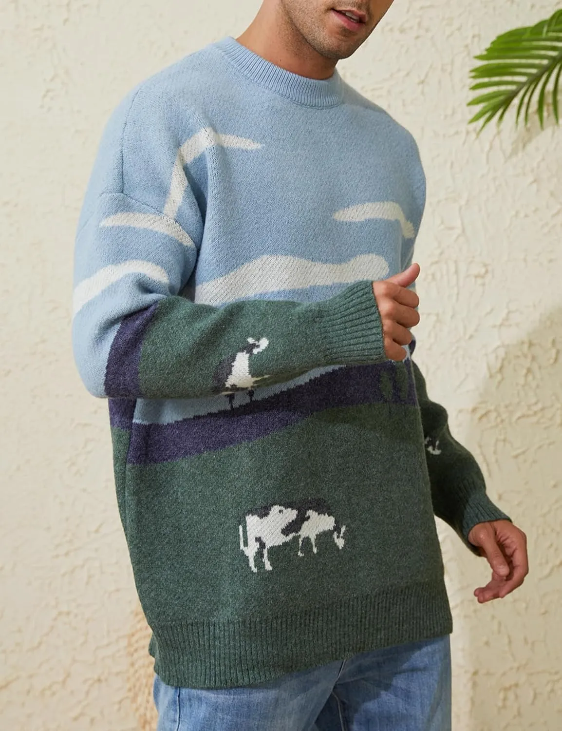 Arssm Mens Vintage Sweater Grandpa y2k Oversized Casual Cable Knit Sweater Pullover Graphic Crewneck Tops
