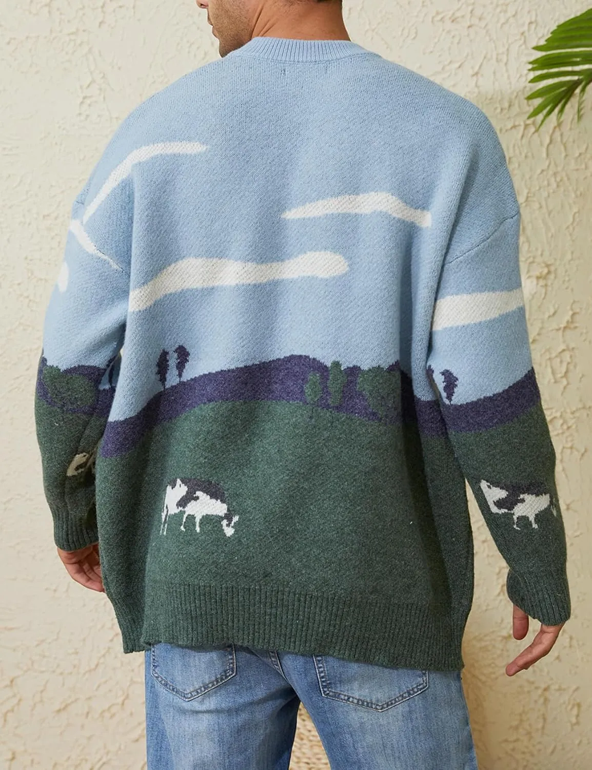 Arssm Mens Vintage Sweater Grandpa y2k Oversized Casual Cable Knit Sweater Pullover Graphic Crewneck Tops