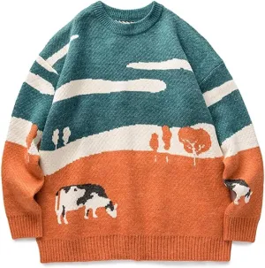 Arssm Mens Vintage Sweater Grandpa y2k Oversized Casual Cable Knit Sweater Pullover Graphic Crewneck Tops