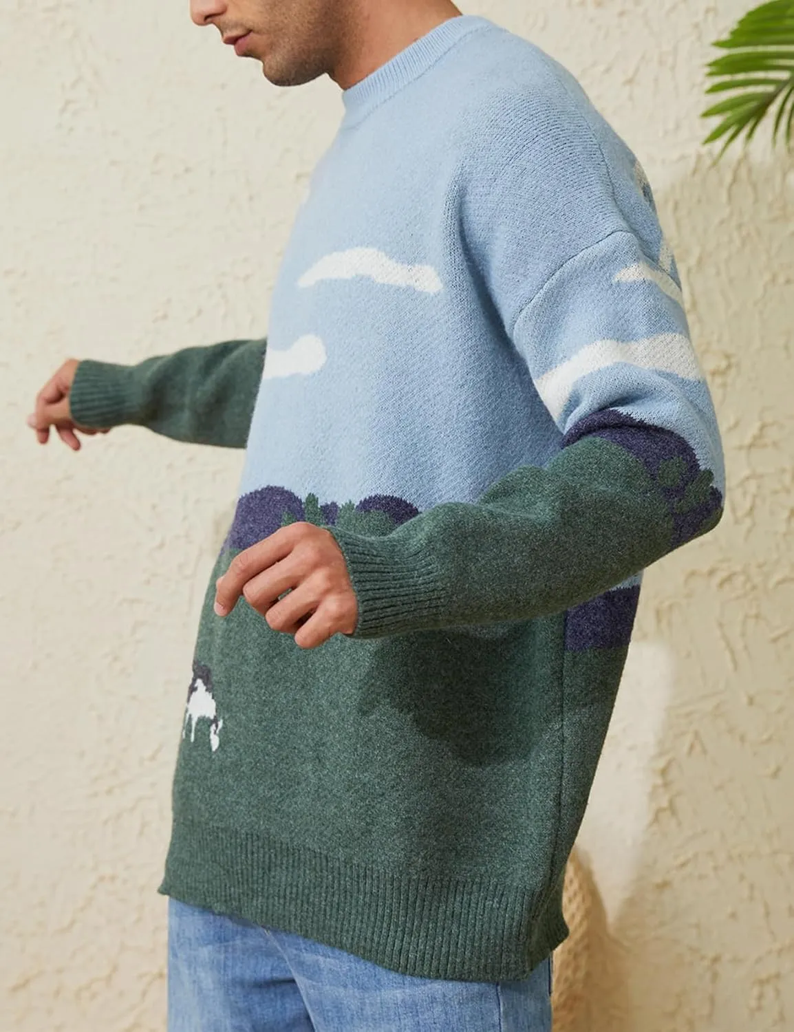 Arssm Mens Vintage Sweater Grandpa y2k Oversized Casual Cable Knit Sweater Pullover Graphic Crewneck Tops