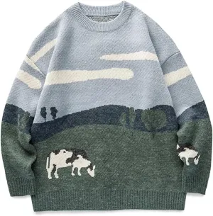 Arssm Mens Vintage Sweater Grandpa y2k Oversized Casual Cable Knit Sweater Pullover Graphic Crewneck Tops