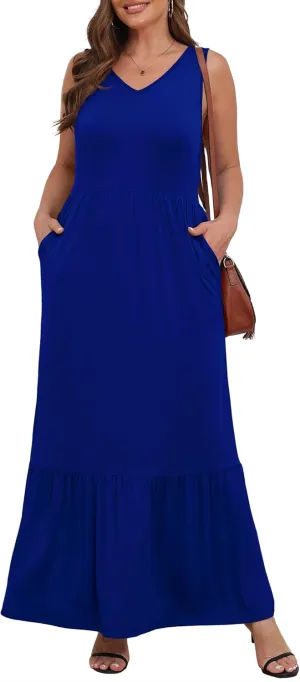 Askyes Womens Plus Size Summer Dresses Casual Sleeveless Loose Fit Swing Beach V Neck Tiered Maxi Dress with Pockets