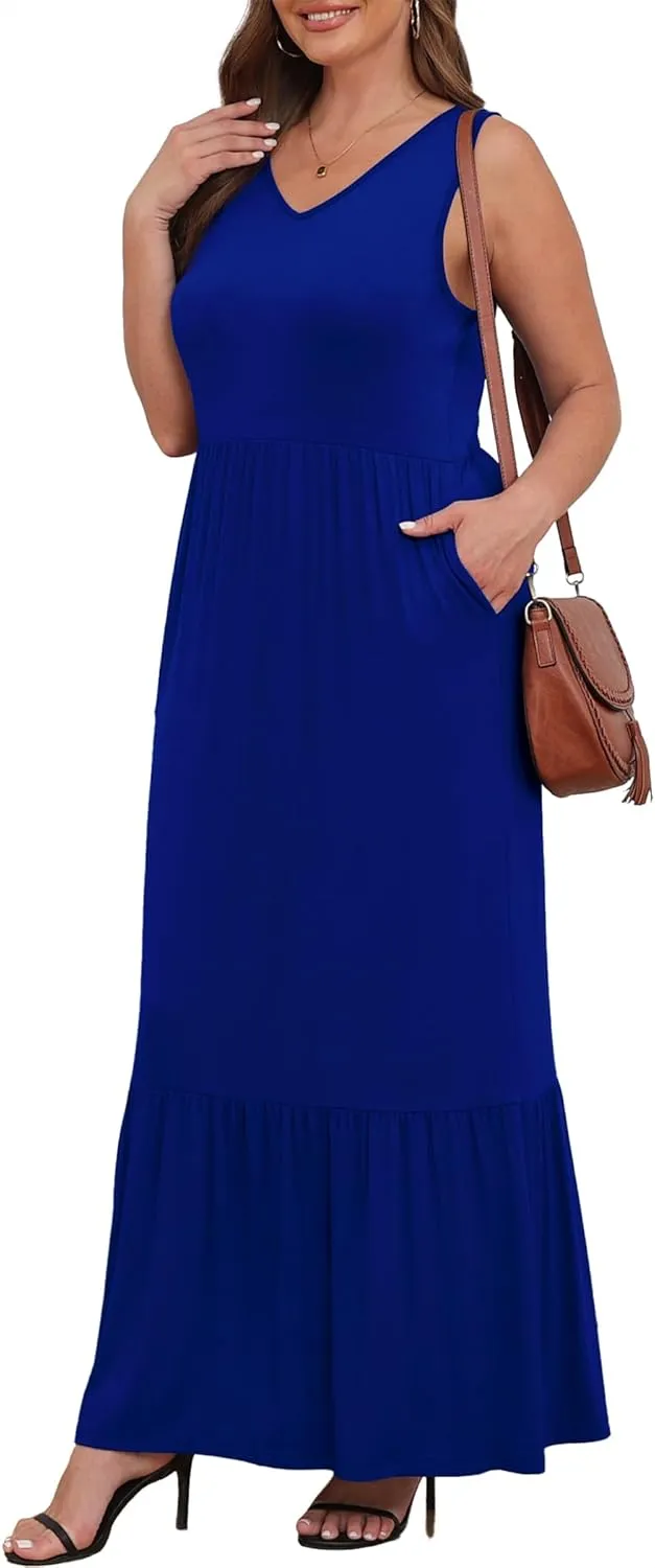 Askyes Womens Plus Size Summer Dresses Casual Sleeveless Loose Fit Swing Beach V Neck Tiered Maxi Dress with Pockets