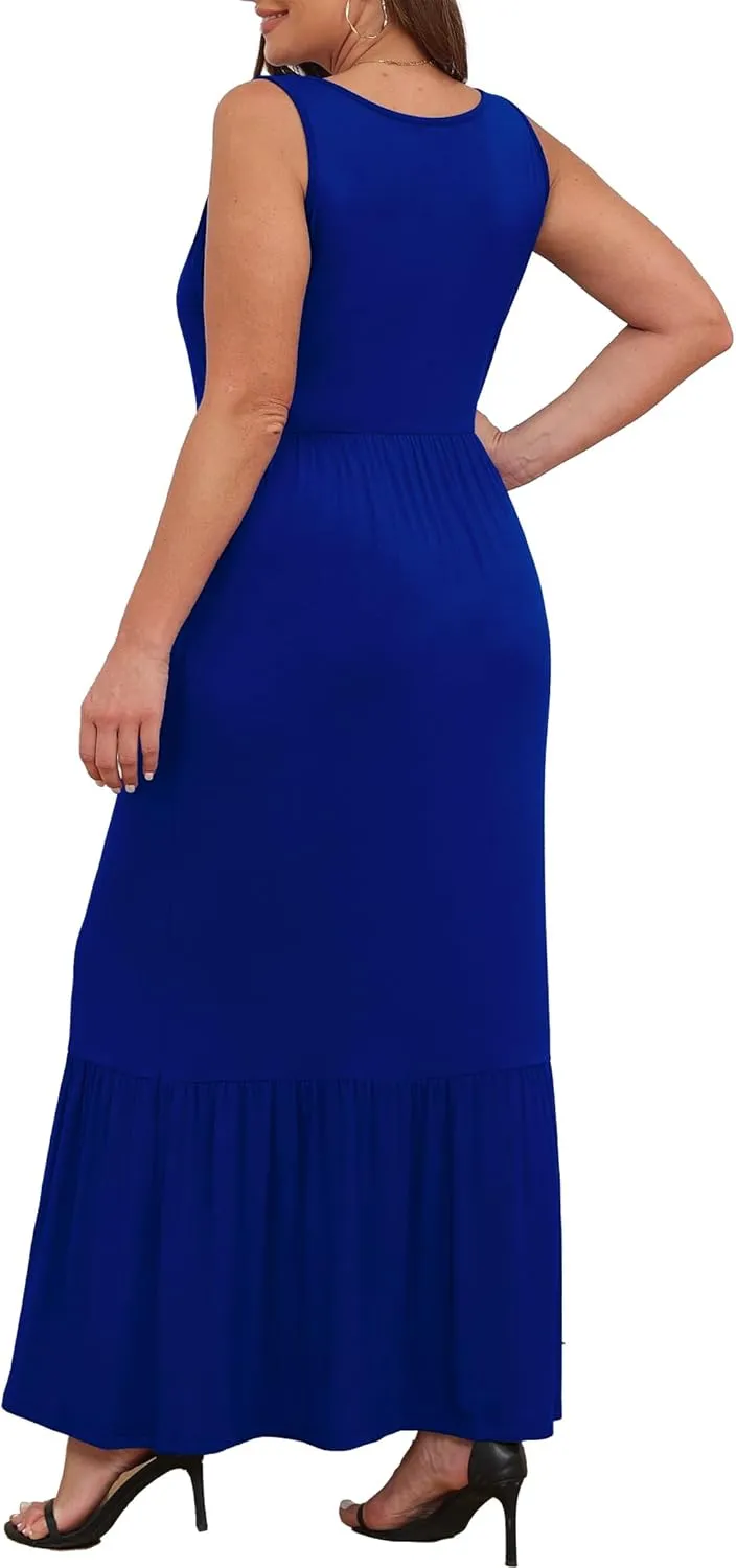 Askyes Womens Plus Size Summer Dresses Casual Sleeveless Loose Fit Swing Beach V Neck Tiered Maxi Dress with Pockets