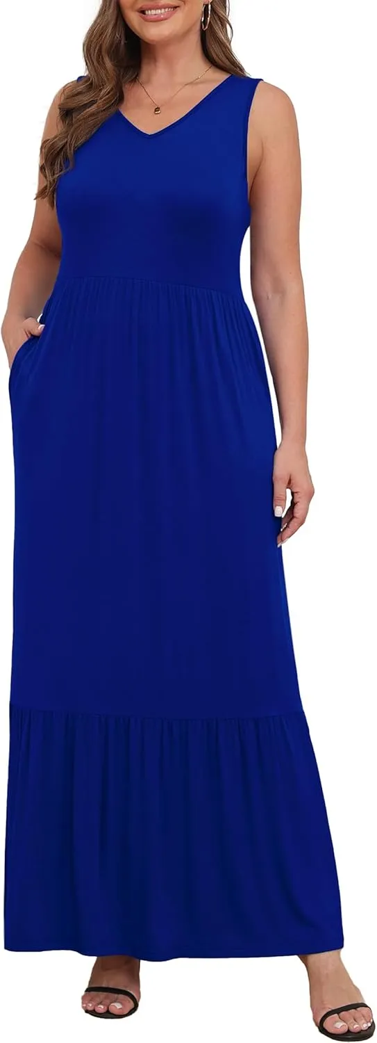 Askyes Womens Plus Size Summer Dresses Casual Sleeveless Loose Fit Swing Beach V Neck Tiered Maxi Dress with Pockets