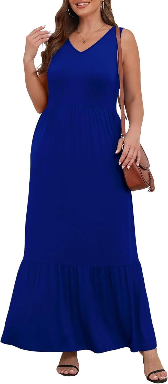 Askyes Womens Plus Size Summer Dresses Casual Sleeveless Loose Fit Swing Beach V Neck Tiered Maxi Dress with Pockets