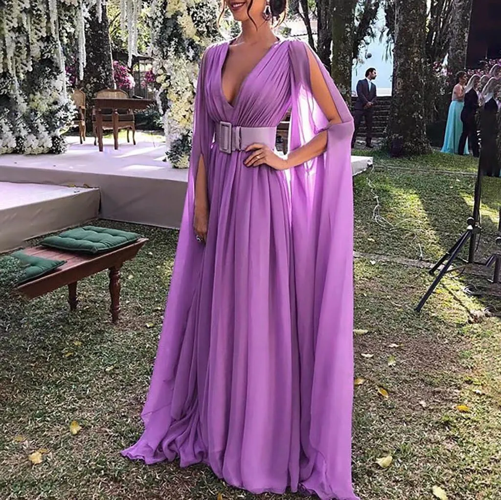 Asulla Women's Sexy Chiffon Prom Dress with Sleeves V Neck Formal Evening Gowns