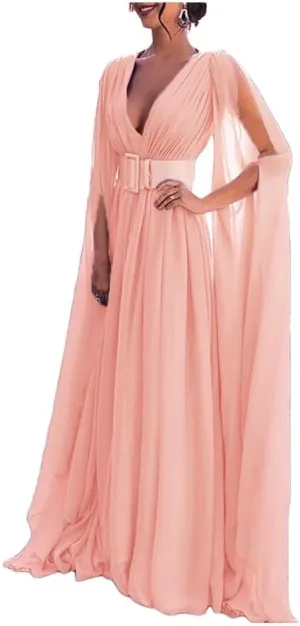 Asulla Women's Sexy Chiffon Prom Dress with Sleeves V Neck Formal Evening Gowns