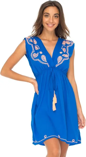 Back From Bali Womens Dress Boho Embroidered Sleeveless Summer Sundress Deep V Neck Midi Short Dress