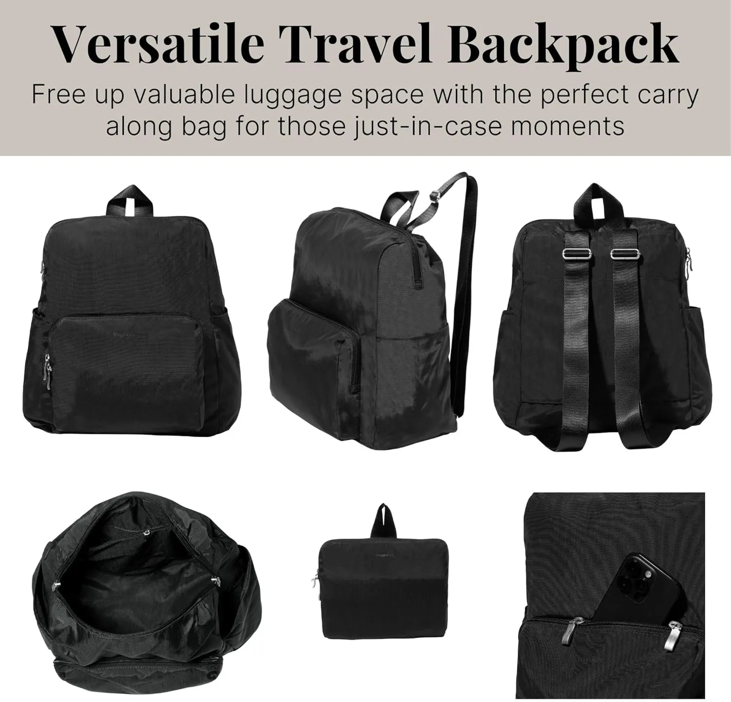 Baggallini Women's Carryall Packable Backpack, Black