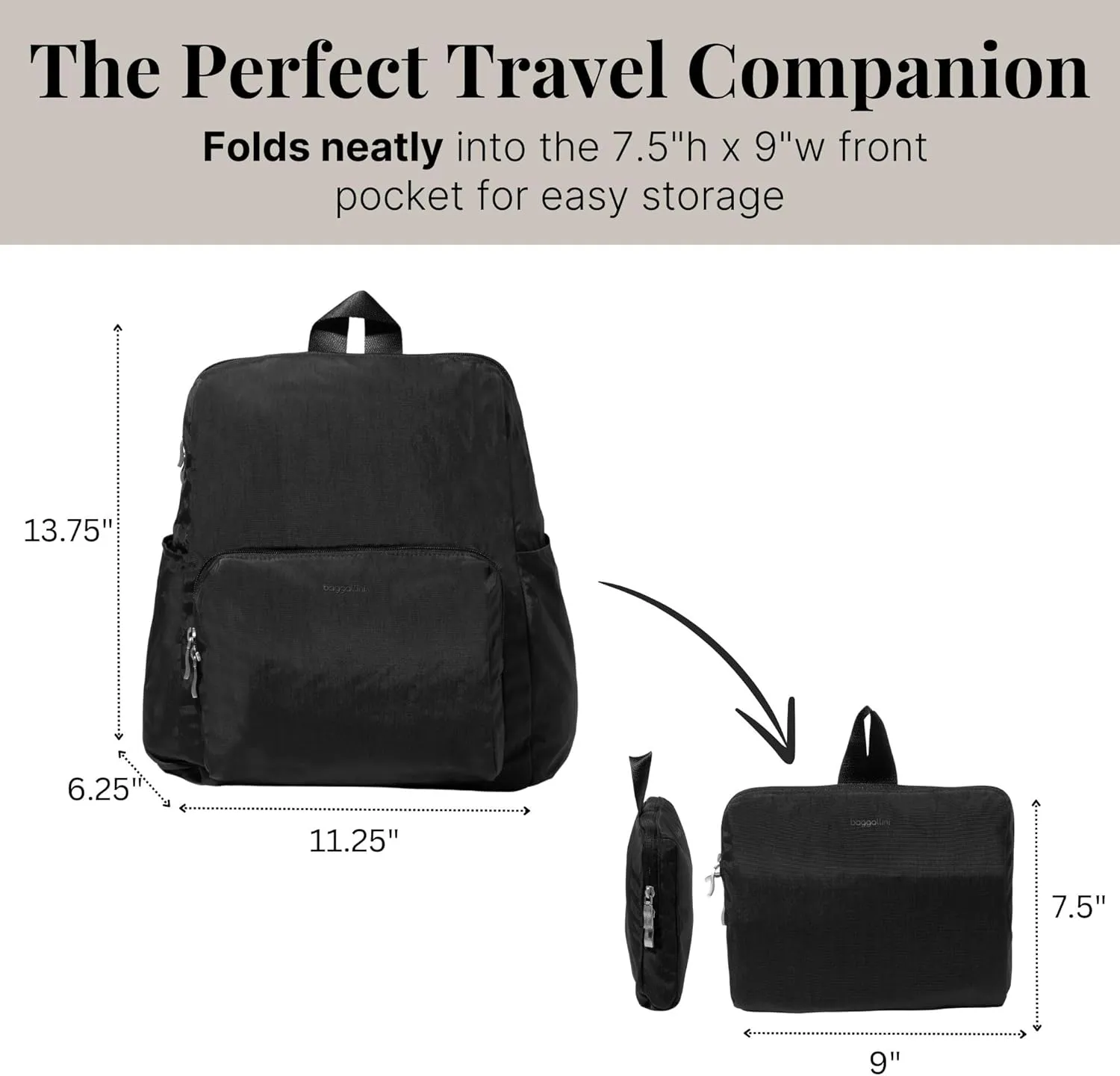 Baggallini Women's Carryall Packable Backpack, Black
