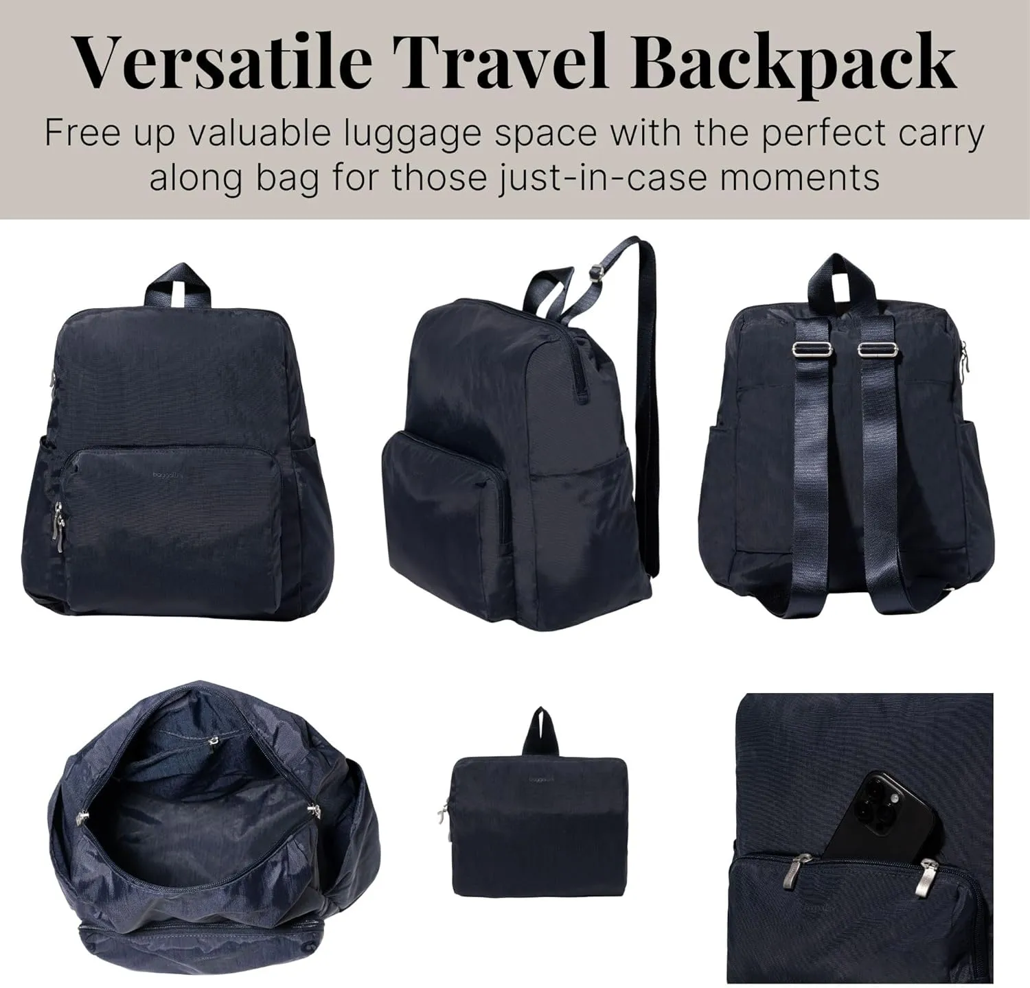 Baggallini Women's Carryall Packable Backpack, French Navy