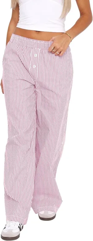 Balimtoy Women Y2k Striped Pajamas Lounge Boxer Pants Casual Elastic Waist Wide Leg Loose Trousers with Pockets Streetwear