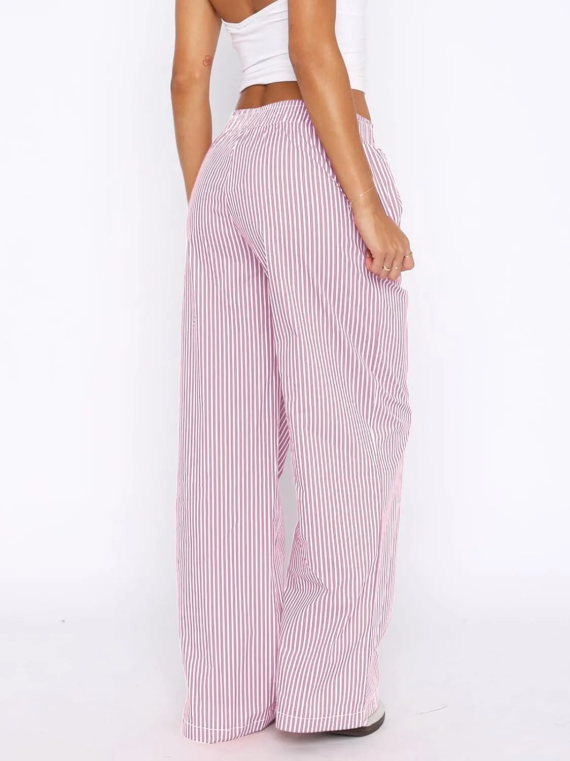 Balimtoy Women Y2k Striped Pajamas Lounge Boxer Pants Casual Elastic Waist Wide Leg Loose Trousers with Pockets Streetwear