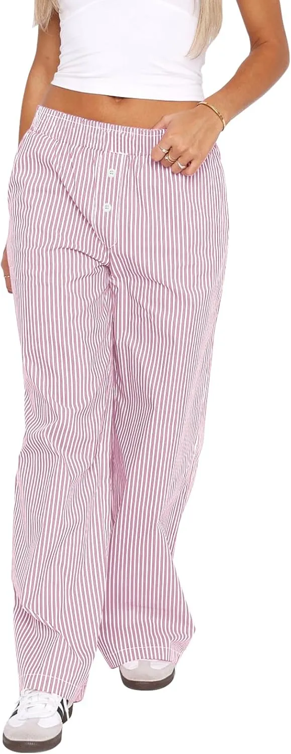 Balimtoy Women Y2k Striped Pajamas Lounge Boxer Pants Casual Elastic Waist Wide Leg Loose Trousers with Pockets Streetwear