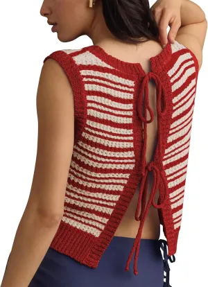 Balimtoy Womens Tie Back Sweater Vest Top Cute Sleeveless Backless Crochet Tank Top Y2k Crop Cardigan Vest