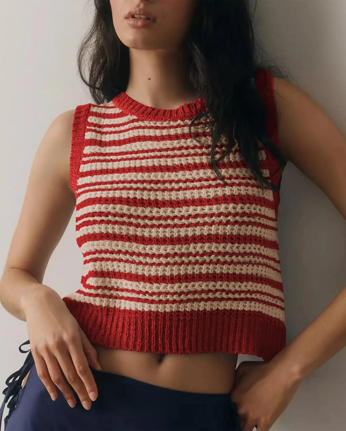 Balimtoy Womens Tie Back Sweater Vest Top Cute Sleeveless Backless Crochet Tank Top Y2k Crop Cardigan Vest