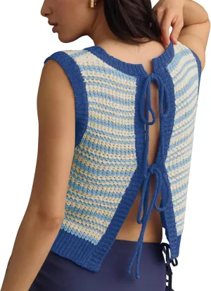 Balimtoy Womens Tie Back Sweater Vest Top Cute Sleeveless Backless Crochet Tank Top Y2k Crop Cardigan Vest