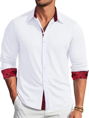 Barry.Wang Mens Dress Shirts Long Sleeve Button Down Business Formal Shirt Collar Cuff Contrast Casual Shirt Wedding