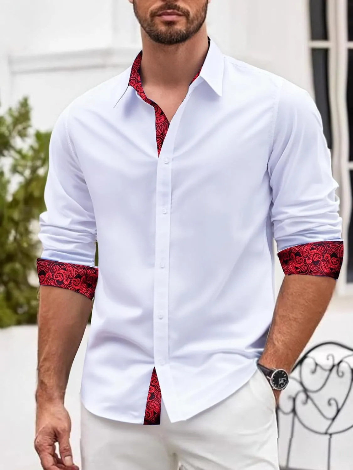 Barry.Wang Mens Dress Shirts Long Sleeve Button Down Business Formal Shirt Collar Cuff Contrast Casual Shirt Wedding