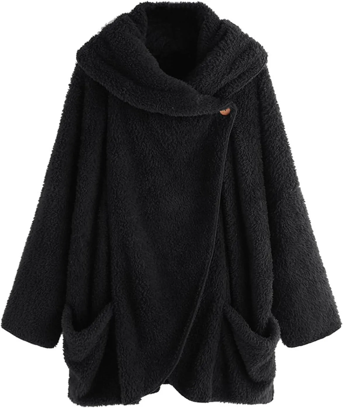 Binmer Oversized Sherpa Jacket for Women Fuzzy Fleece Cute Teddy Bear Print Coat Zip Long Sleeve Hooded Outwear with Pocket