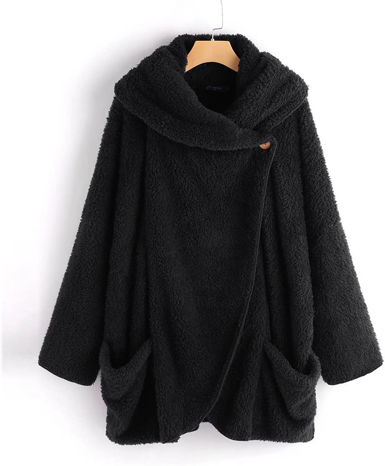 Binmer Oversized Sherpa Jacket for Women Fuzzy Fleece Cute Teddy Bear Print Coat Zip Long Sleeve Hooded Outwear with Pocket