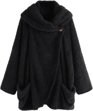 Binmer Oversized Sherpa Jacket for Women Fuzzy Fleece Cute Teddy Bear Print Coat Zip Long Sleeve Hooded Outwear with Pocket