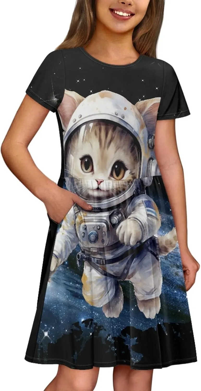 Black Dress for Girls Cute Outfits Short Sleeve Dresses with Pocket Summer Dress Size 2-14 T Kids