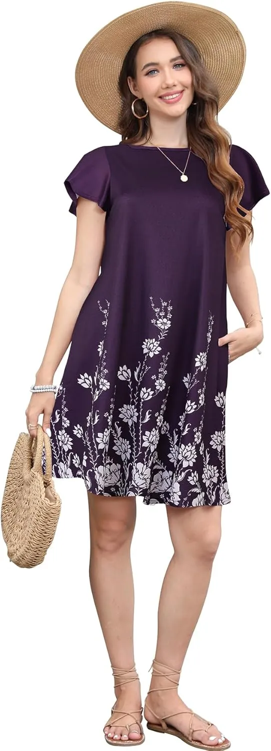 Bluetime Dresses for Women 2024 Summer Floral T Shirt Dress Casual Short Sleeve Beach Sundress with Pockets