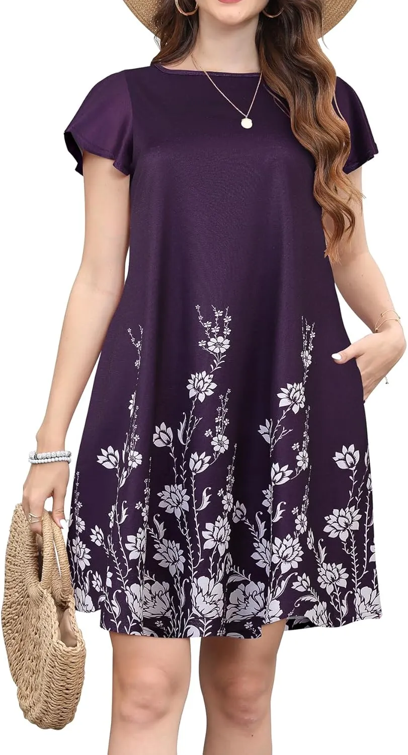 Bluetime Dresses for Women 2024 Summer Floral T Shirt Dress Casual Short Sleeve Beach Sundress with Pockets