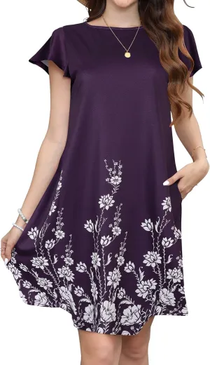 Bluetime Dresses for Women 2024 Summer Floral T Shirt Dress Casual Short Sleeve Beach Sundress with Pockets