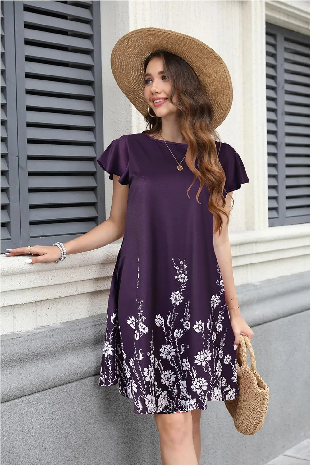 Bluetime Dresses for Women 2024 Summer Floral T Shirt Dress Casual Short Sleeve Beach Sundress with Pockets