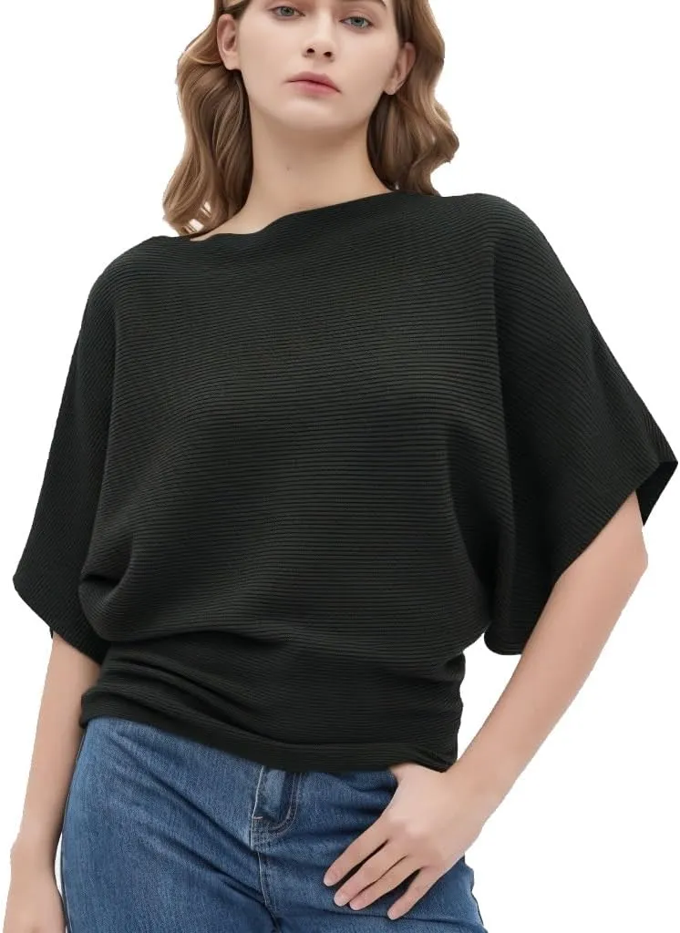 Boat Neck Short Batwing Sleeve Pullover Knit Sweaters Off Shoulder Cute Tops for Women