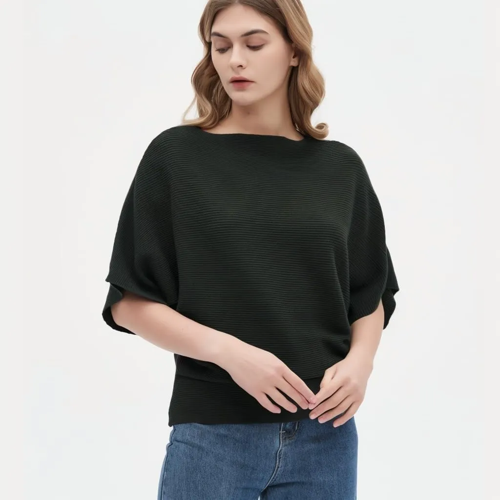 Boat Neck Short Batwing Sleeve Pullover Knit Sweaters Off Shoulder Cute Tops for Women