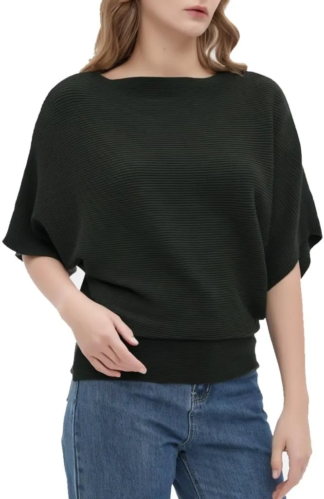 Boat Neck Short Batwing Sleeve Pullover Knit Sweaters Off Shoulder Cute Tops for Women