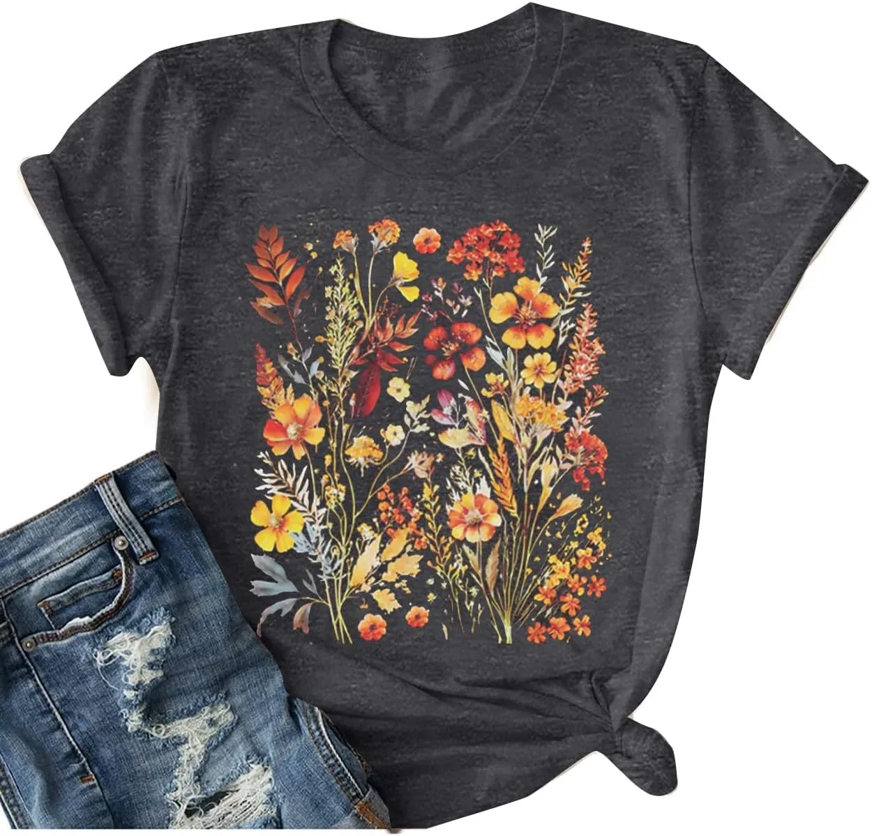 Boho Flowers Shirt Women Fall Vintage Floral Printed T-Shirt Wildflowers Graphic Shirts Garden Lover Autumn Tops