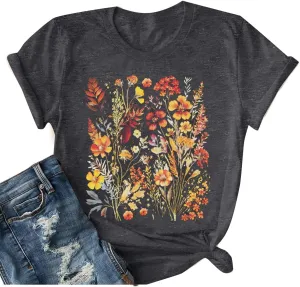 Boho Flowers Shirt Women Fall Vintage Floral Printed T-Shirt Wildflowers Graphic Shirts Garden Lover Autumn Tops