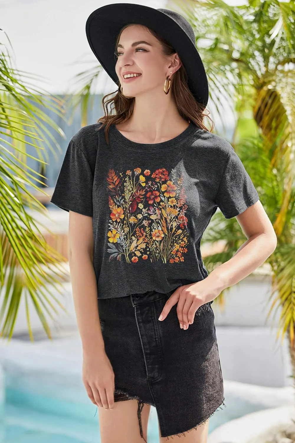 Boho Flowers Shirt Women Fall Vintage Floral Printed T-Shirt Wildflowers Graphic Shirts Garden Lover Autumn Tops