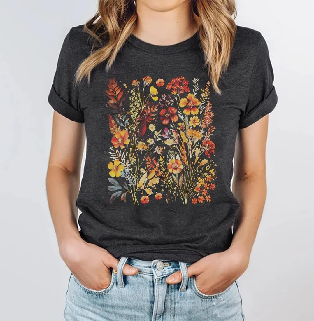Boho Flowers Shirt Women Fall Vintage Floral Printed T-Shirt Wildflowers Graphic Shirts Garden Lover Autumn Tops