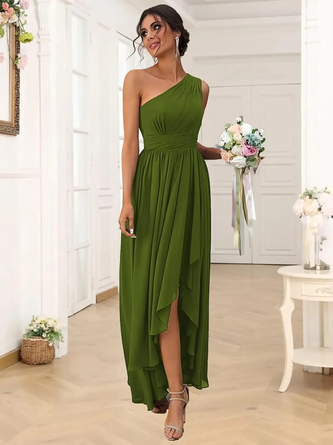Bridesmaid Dresses Chiffon Pleated Asymmetrical A Line Long One Shoulder Formal Party Dress for Women