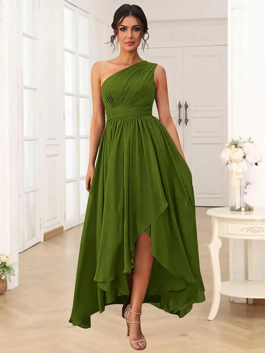 Bridesmaid Dresses Chiffon Pleated Asymmetrical A Line Long One Shoulder Formal Party Dress for Women