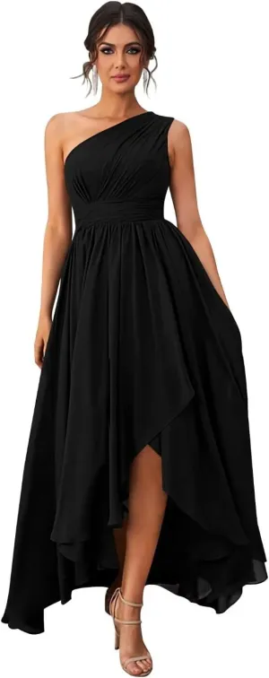 Bridesmaid Dresses Chiffon Pleated Asymmetrical A Line Long One Shoulder Formal Party Dress for Women