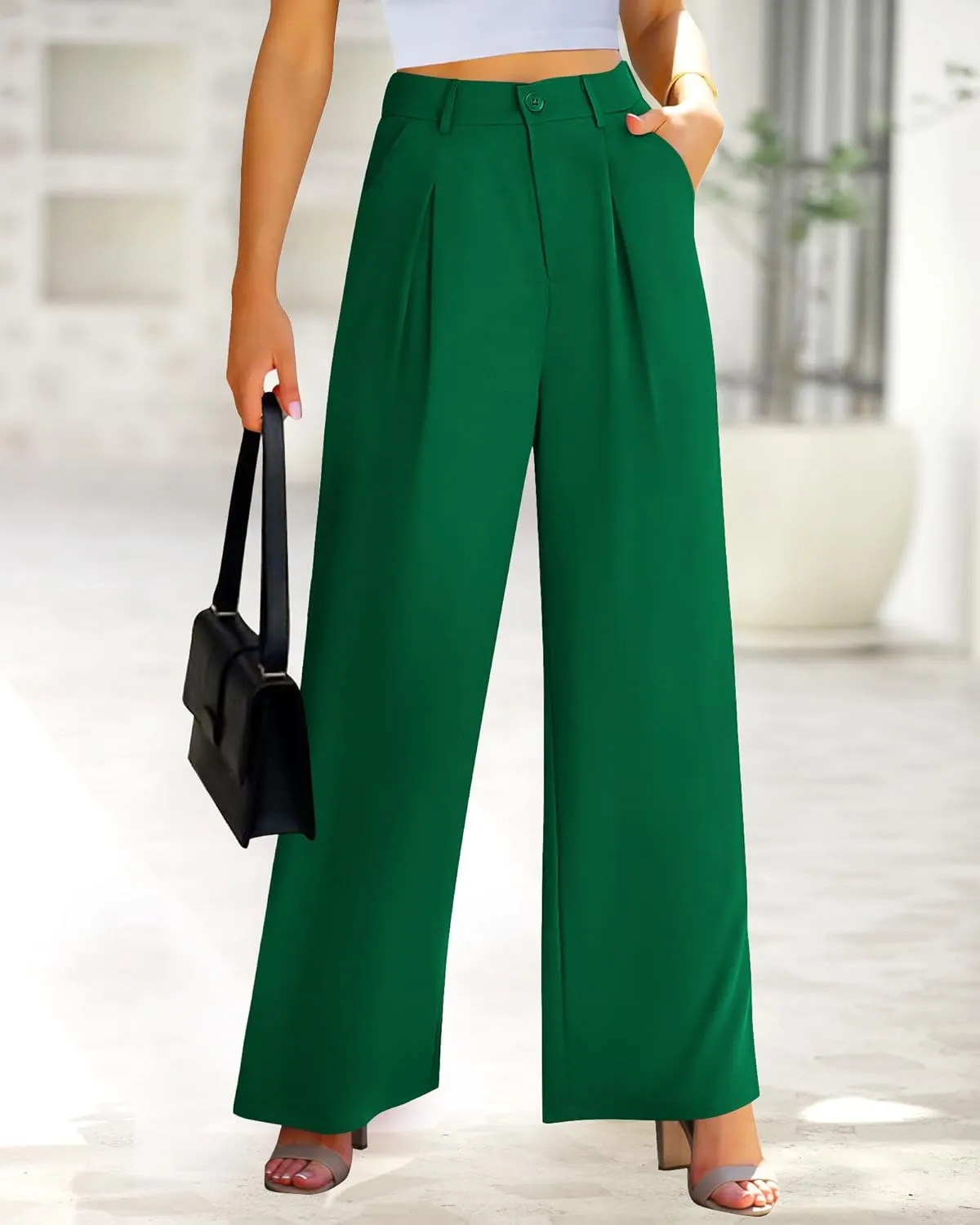 BTFBM Women High Waist Palazzo Pants Casual Wide Leg Trousers Button Down Loose Work Office Business Suit Pant Pockets