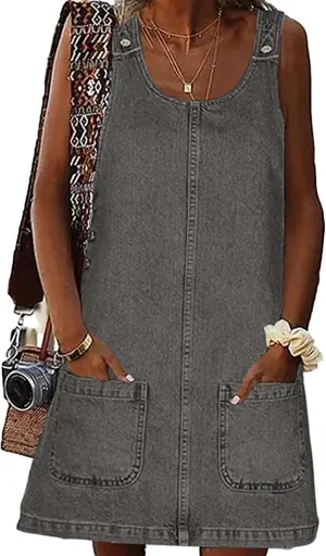 BZB Women's Sleeveless Casual Denim Dress Crewneck Vintage Loose Jean Overall Dress with Pockets
